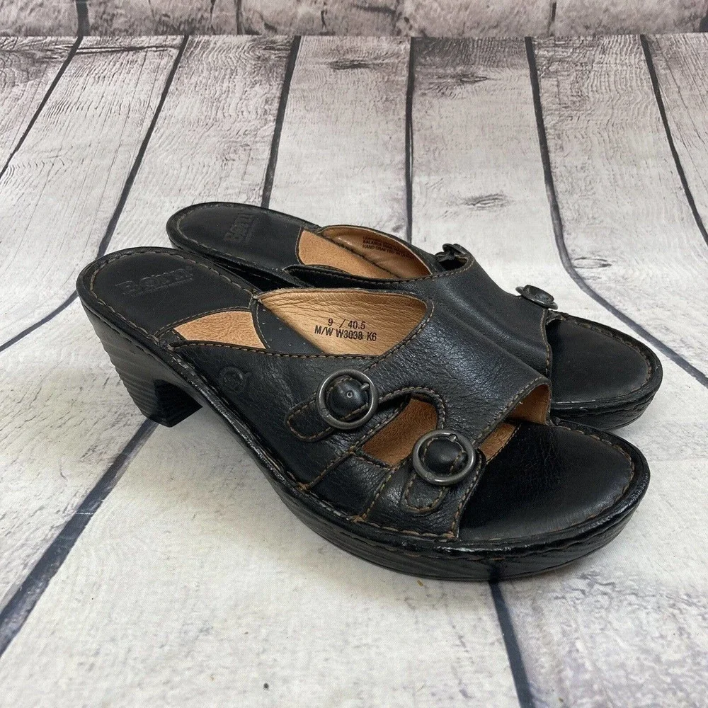Born Sandals‎ Womens Size 9 Leather Black Side Buckle Strap Mule